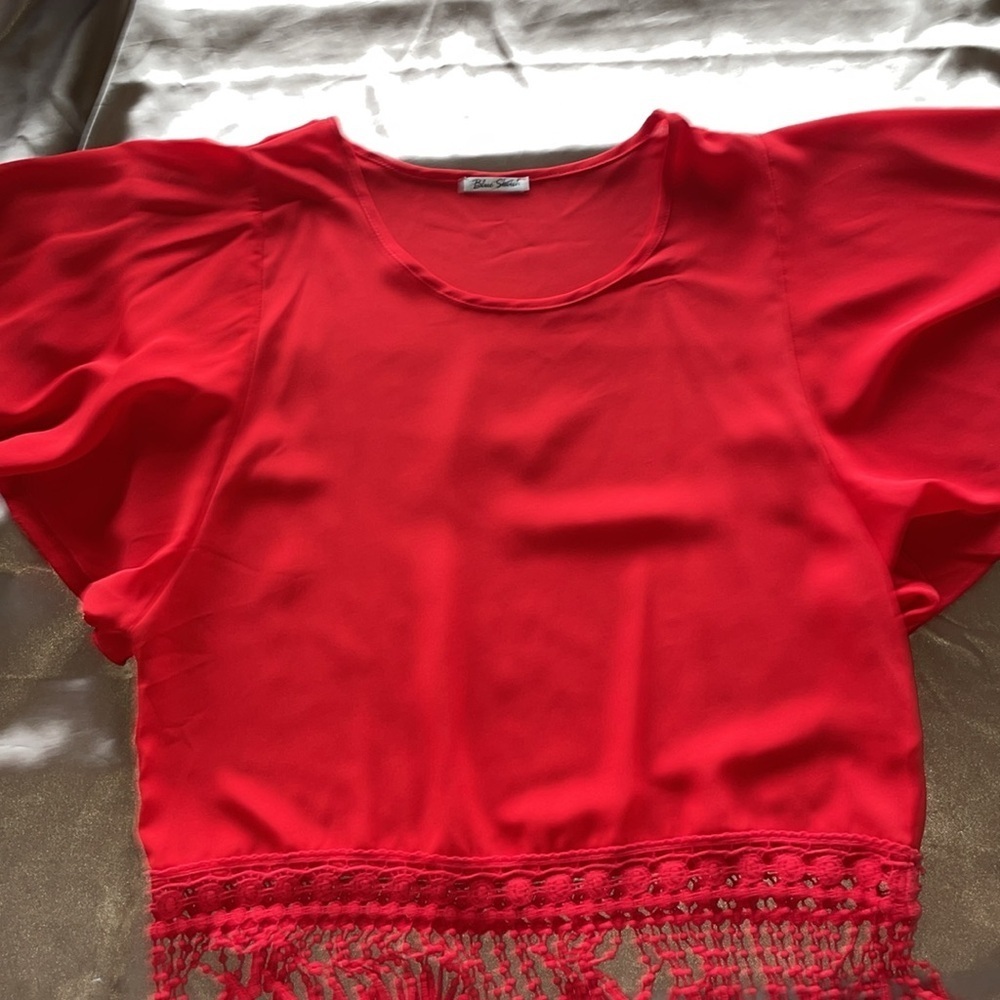 3/$20 Blue Sketch Red Fringe Top Flutter Sleeve Boho 4.5” Trim Fairycore Whimsy - Picture 6 of 11